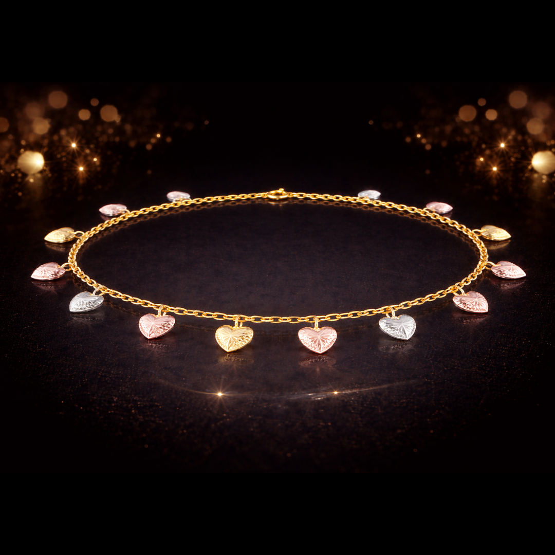 14 KT. White, Yellow &amp; Rose Gold Diamond-Cut Dangling Heart Bracelet – 7.25"