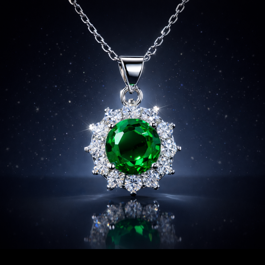 Rhodium Finished Sterling Silver Green & White Moissanite Halo Pendant Necklace - 18"