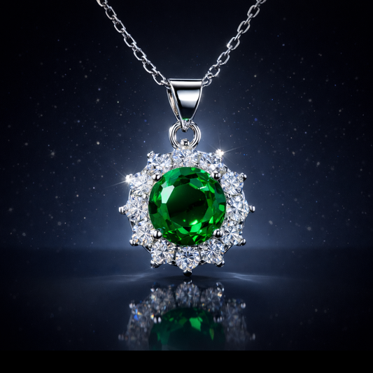 Rhodium Finished Sterling Silver Green & White Moissanite Halo Pendant Necklace - 18"