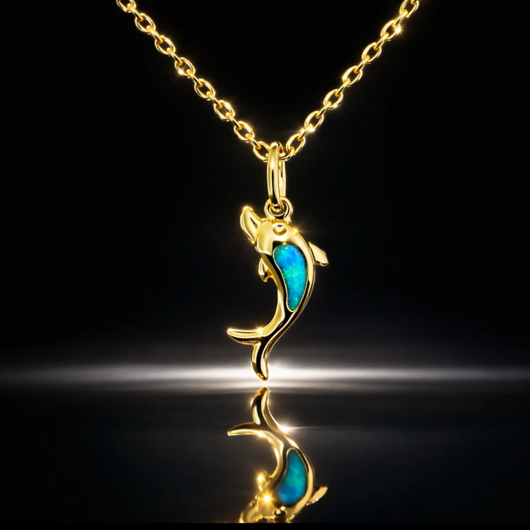 Opal Inlay Dolphin Pendant 14 kt. Yellow Gold over 316L Stainless Steel with 18" Chain