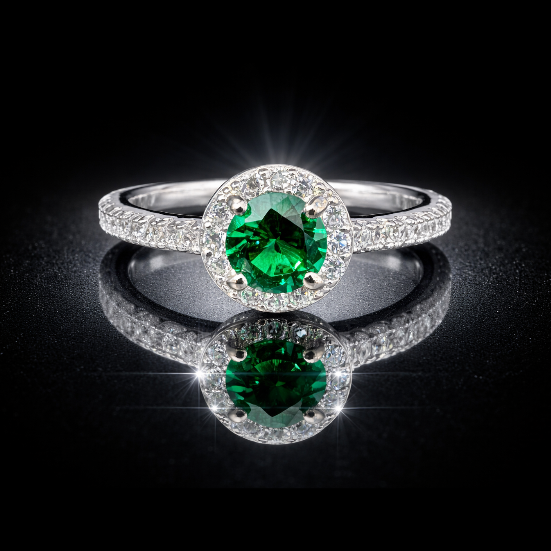 925 Rhodium Finished Sterling Silver 1.36 CTW Green & White LG Sapphire Halo Ring