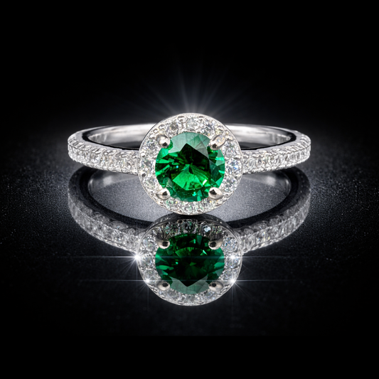 925 Rhodium Finished Sterling Silver 1.36 CTW Green & White LG Sapphire Halo Ring