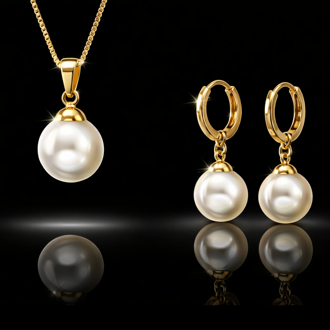 14K Yellow Gold Plated 10 mm Faux Pearl Pendant &amp; Earring Set