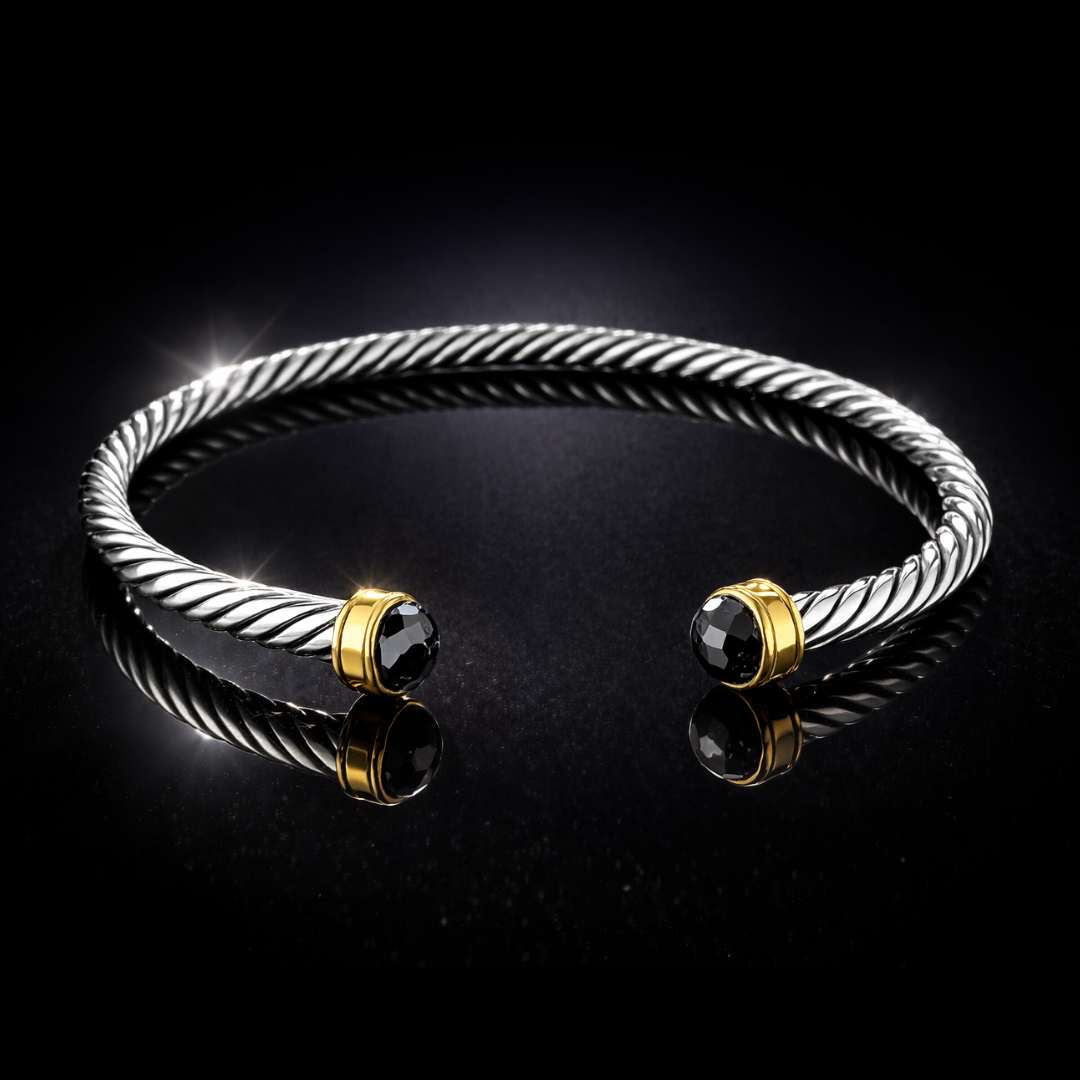 18 KT Gold & Sterling Silver Black Onyx Accented Designer-Inspired Twisted Bangle