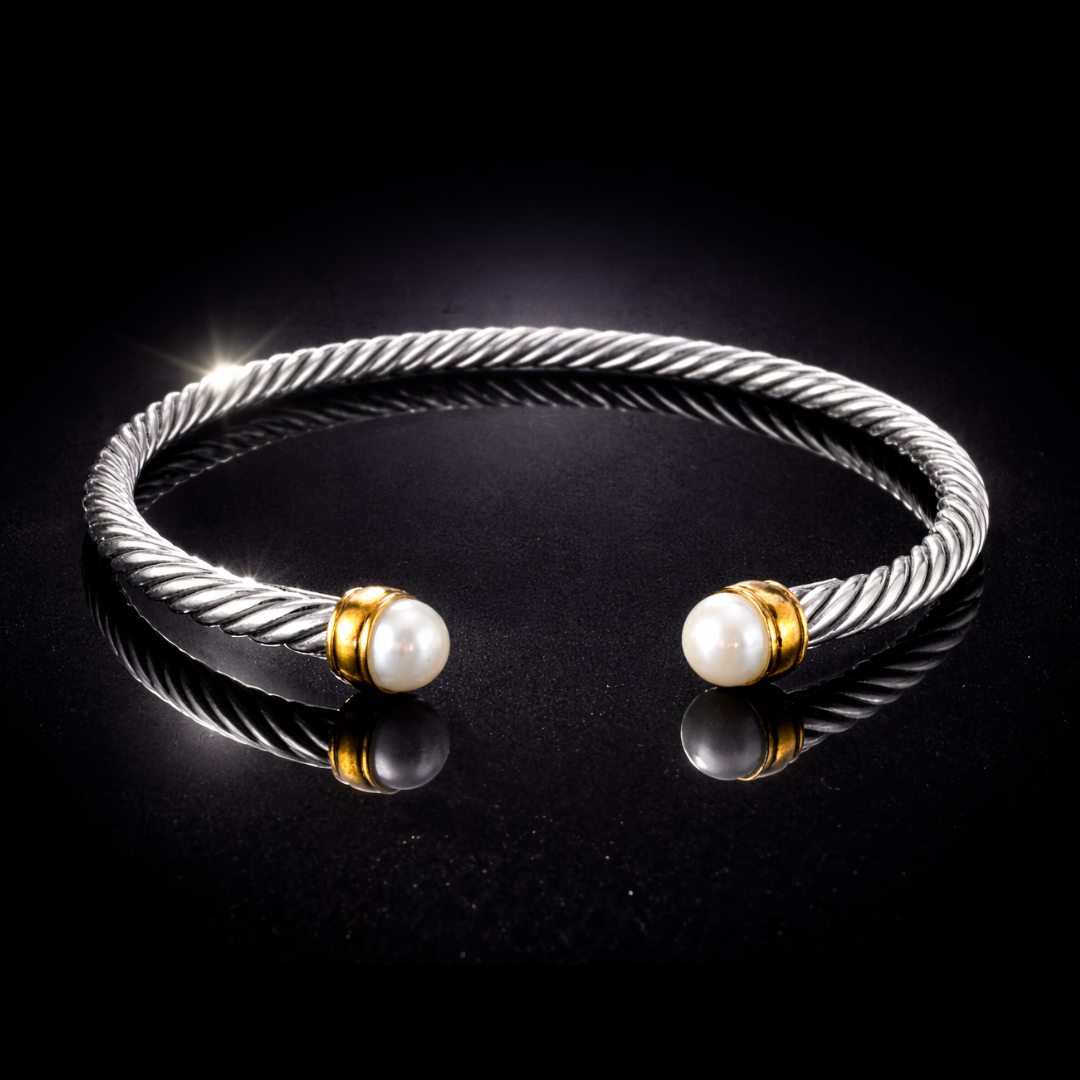 18 KT Gold & Sterling Silver Pearl Accented Designer-Inspired Twisted Bangle