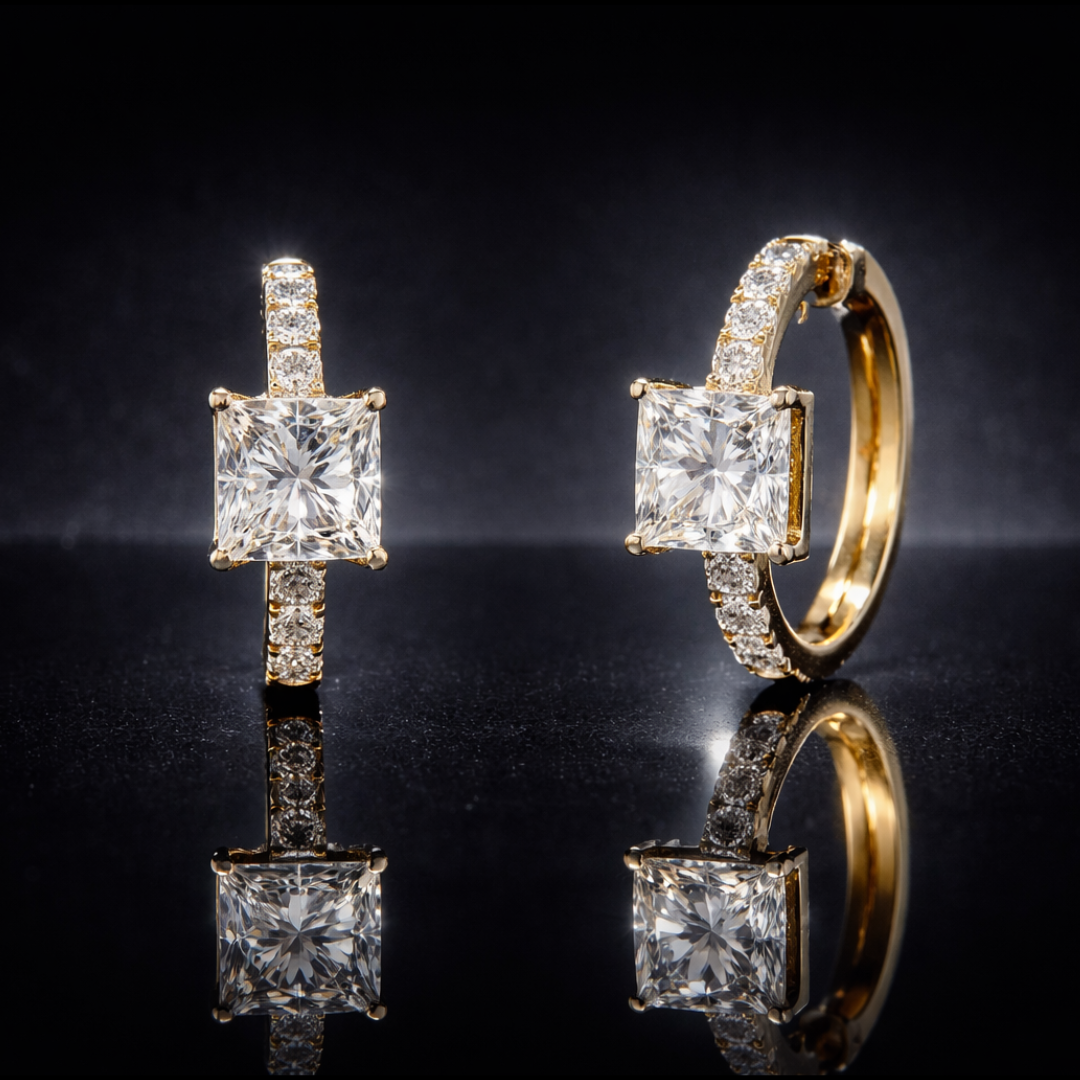 14 KT Yellow Gold 1.50 CTW LG Diamond Princess Cut & Round 16mm Huggie Hoop Earrings