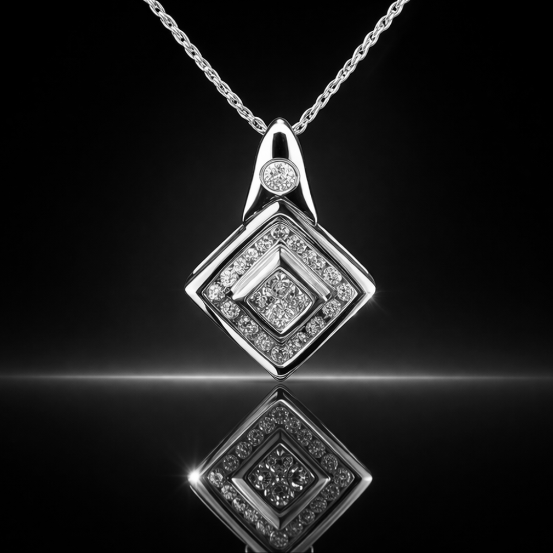 Rhodium Finished 14 kt. Gold .94 ctw. Princess Cut & Round Diamond Pendant with 18" Chain