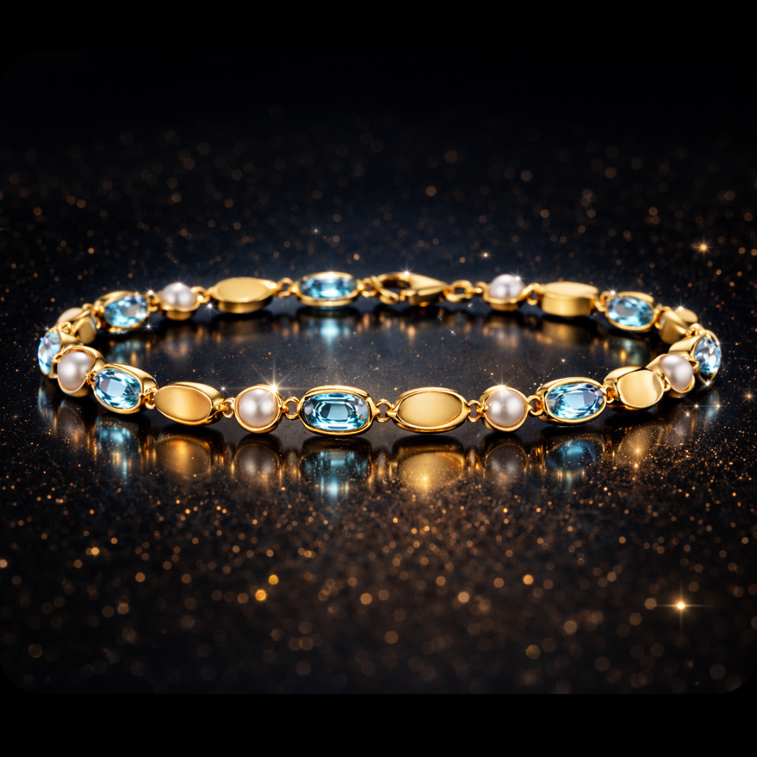 14 kt/925 Yellow Gold Over Silver 3.85 ctw Genuine Sky-Blue Gemstone & Freshwater Pearl Bracelet