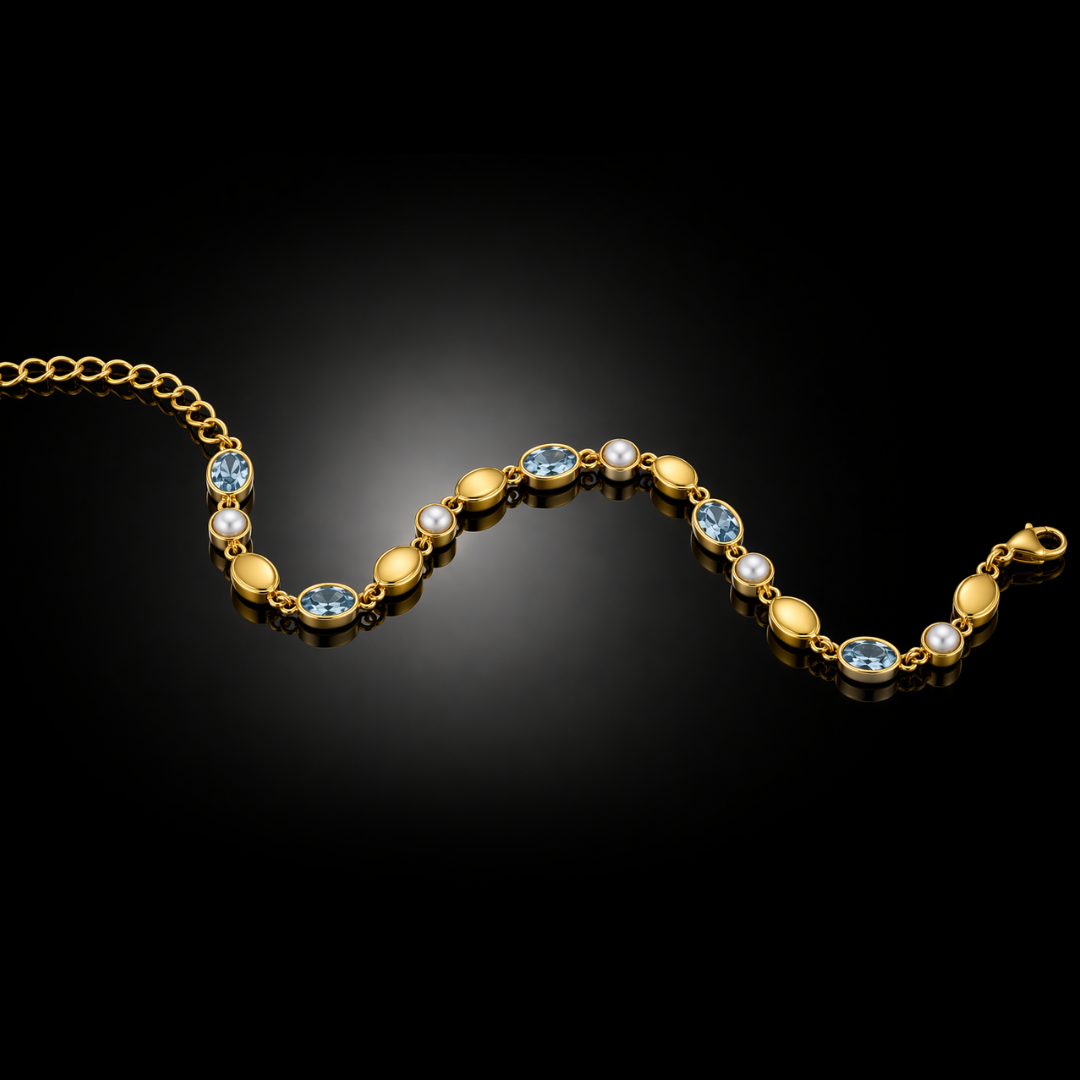 14 kt/925 Yellow Gold Over Silver 3.85 ctw Genuine Sky-Blue Gemstone & Freshwater Pearl Bracelet