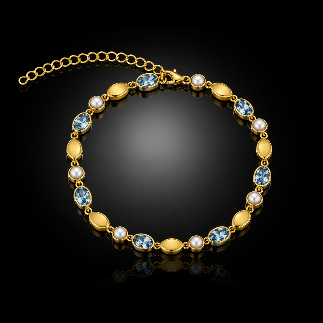 14 kt/925 Yellow Gold Over Silver 3.85 ctw Genuine Sky-Blue Gemstone & Freshwater Pearl Bracelet