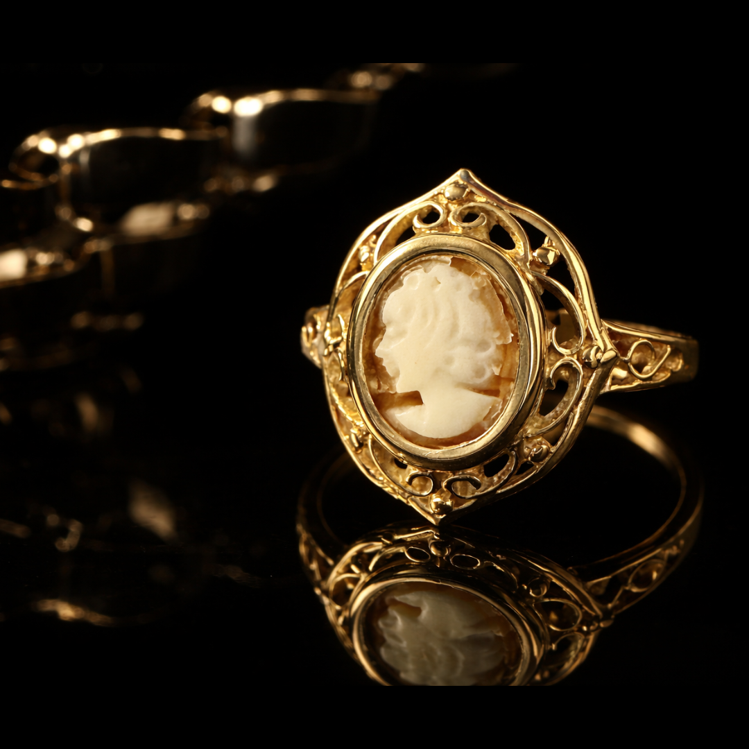 10K Yellow Gold Genuine Cameo Vintage Filigree Ring – Circa 1940’s