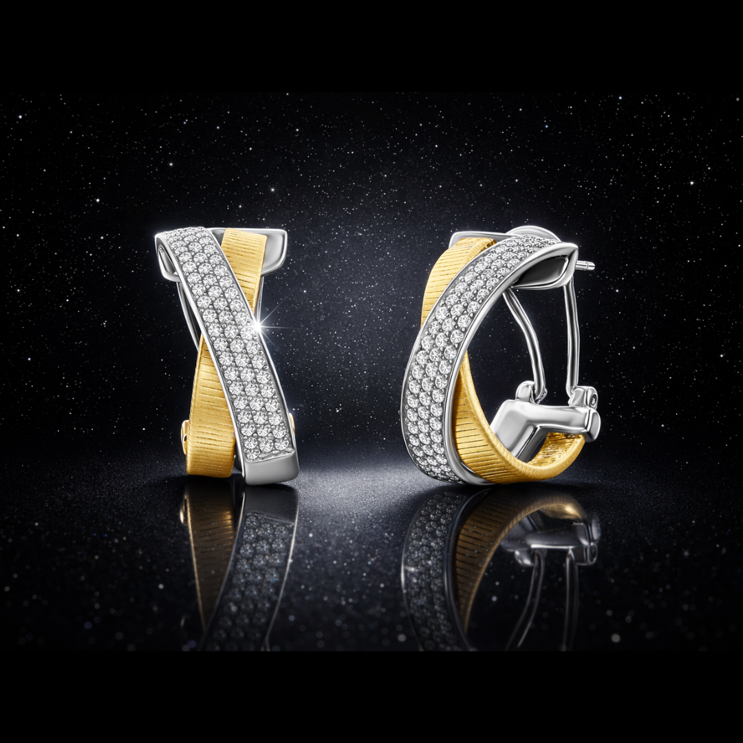 14kt./925 Yellow Gold Triple Row Pavé “X” Two-Tone Omega Back Earrings
