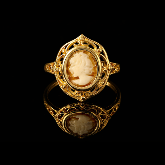 10K Yellow Gold Genuine Cameo Vintage Filigree Ring – Circa 1940’s
