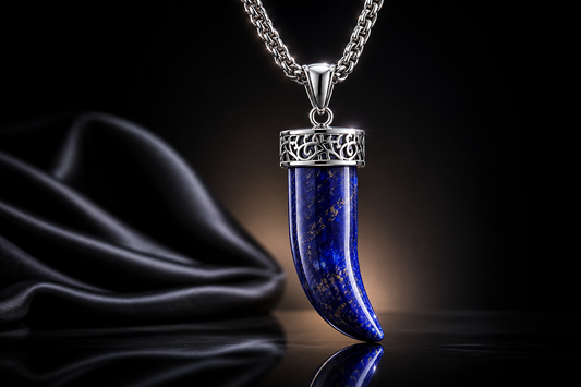 Rhodium Finished Stainless Steel Mens Horn Pendant Lapis/Tigers Eye