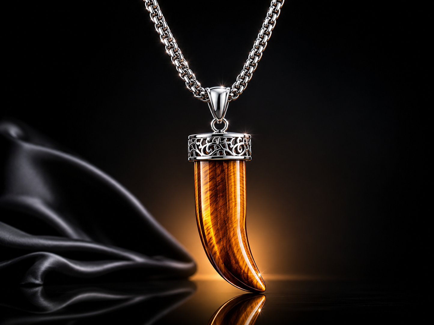 Rhodium Finished Stainless Steel Mens Horn Pendant Lapis/Tigers Eye