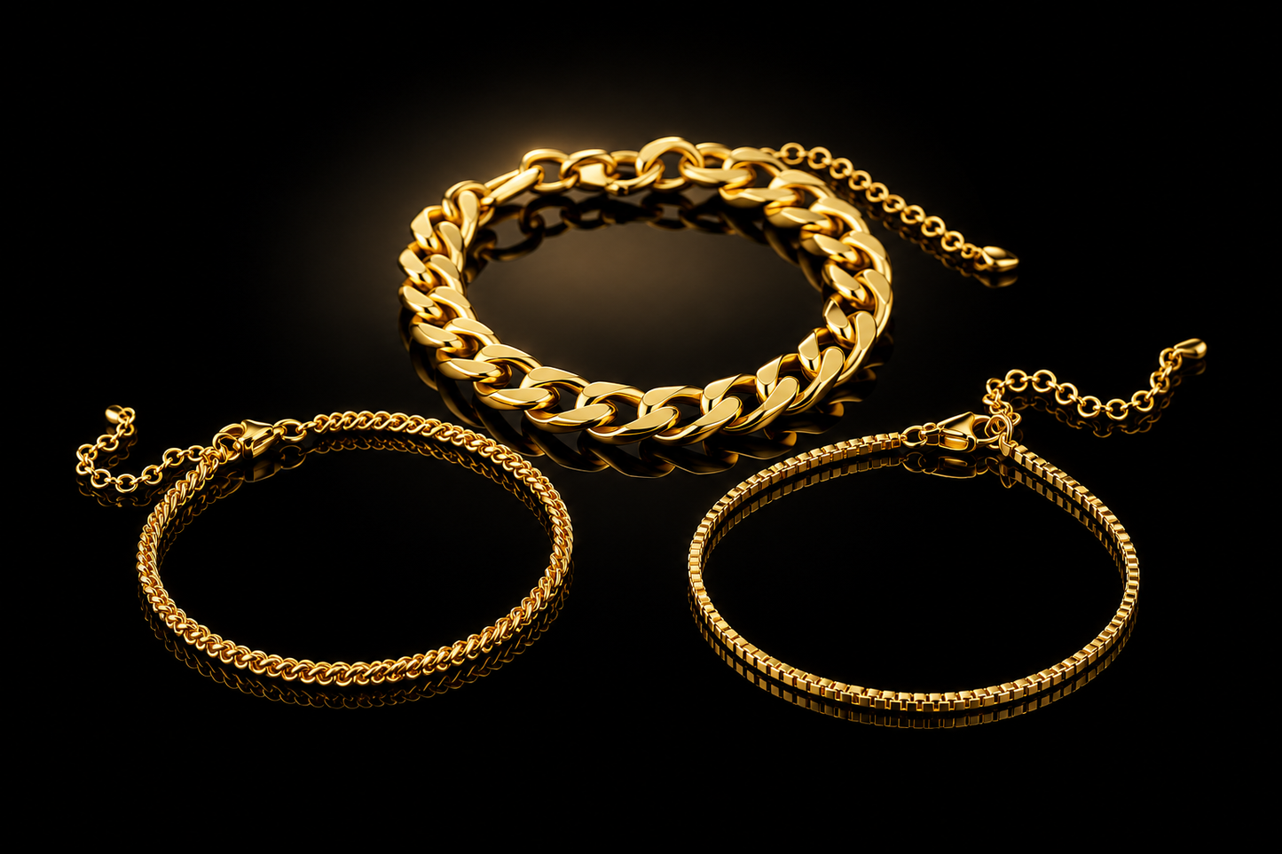 18 kt. Yellow Gold over Titanium  Stainless Steel Three  Bracelet Set 6.5" + 2" Inch