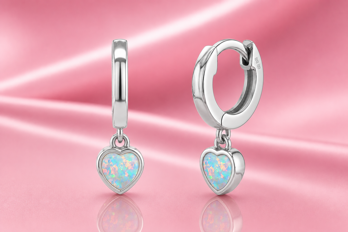 925 Sterling Silver 11mm Opal Heart Dangling Huggie Hoops for Kids