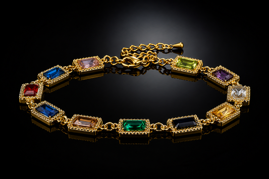 18kt Gold over Titanium Steel Multi-Colored Gemstone Tennis Bracelet, 6"+1.5" Extender