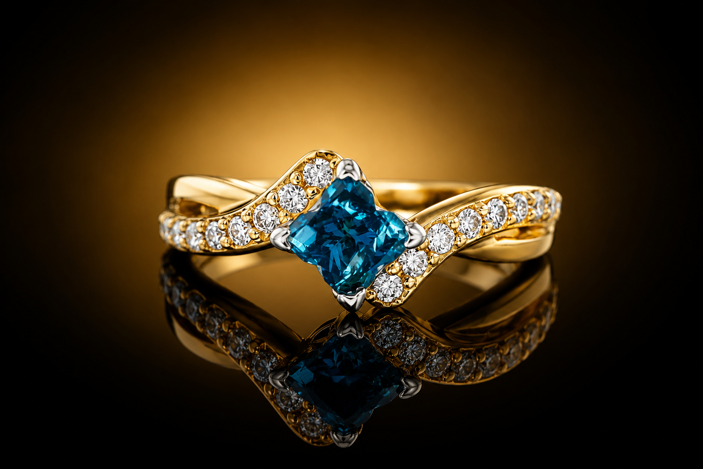 14K Yellow Gold 1.64 ctw Clover Cut Blue Diamond & White Diamond Ring by Aiya Designs