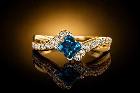 14K Yellow Gold 1.64 ctw Clover Cut Blue Diamond & White Diamond Ring by Aiya Designs
