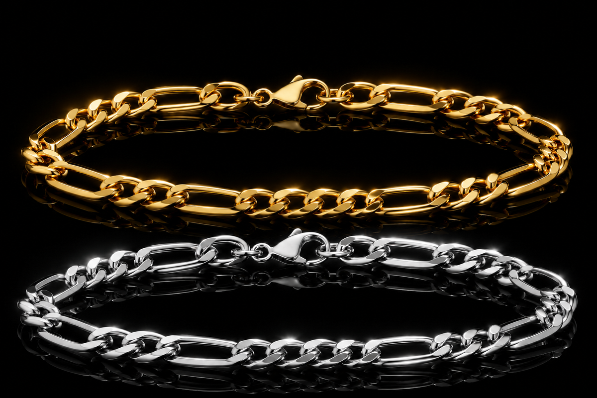 14kt/Rhodium Over Stainless Steel  8 mm  Figaro Chain  8.5 Inch  Bracelet