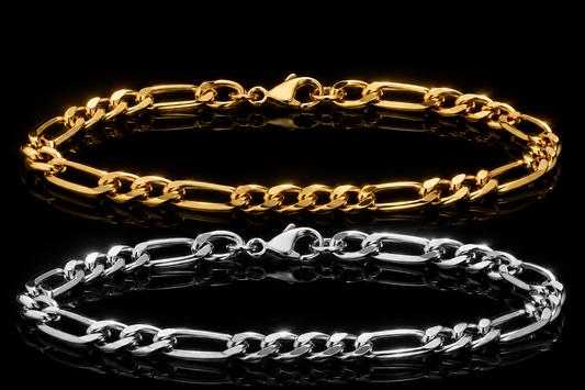 14kt/Rhodium Over Stainless Steel  8 mm  Figaro Chain  8.5 Inch  Bracelet