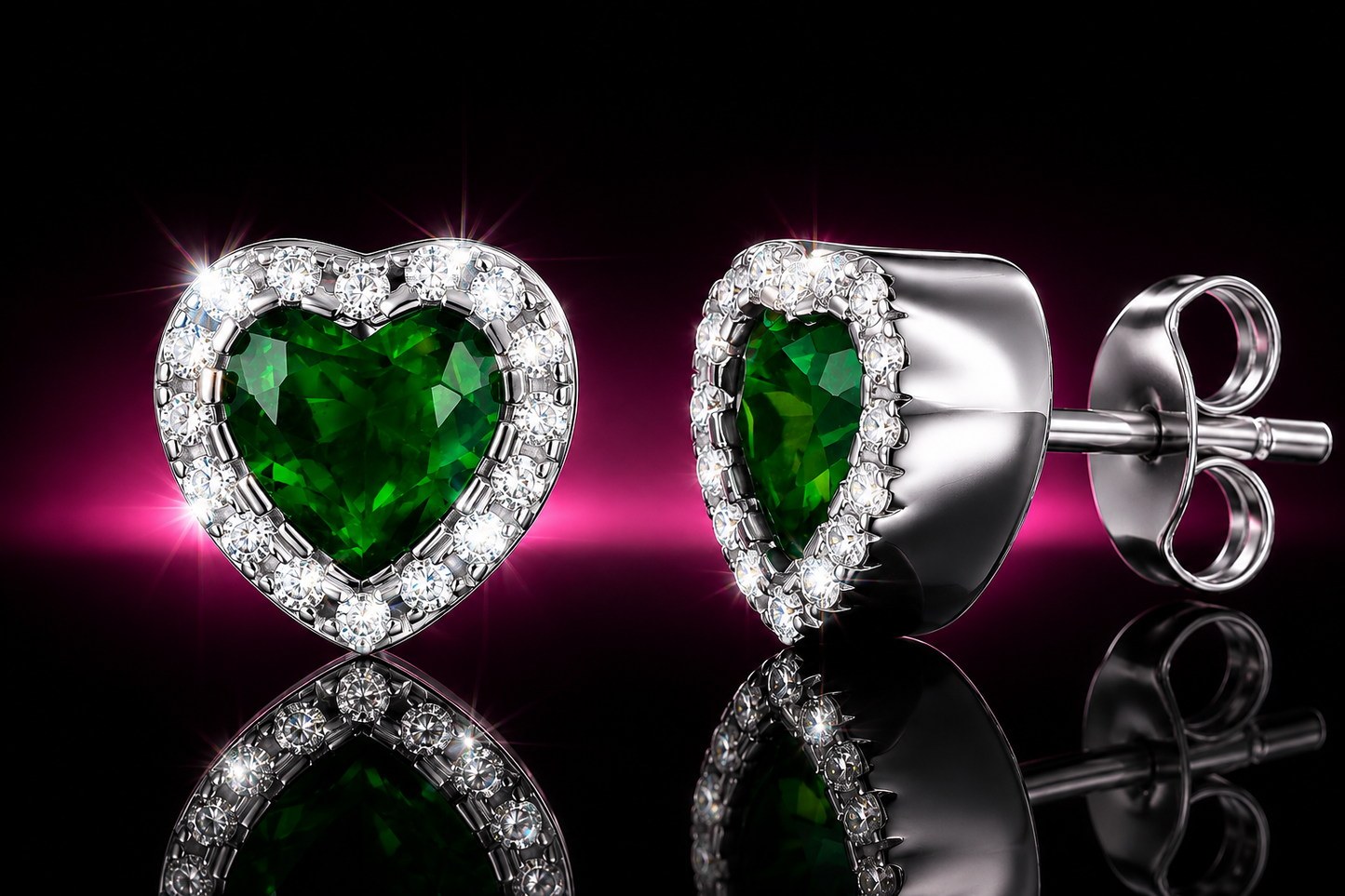 925 Sterling Silver Emerald & White Sapphire Halo Heart Stud Earrings, 7mm