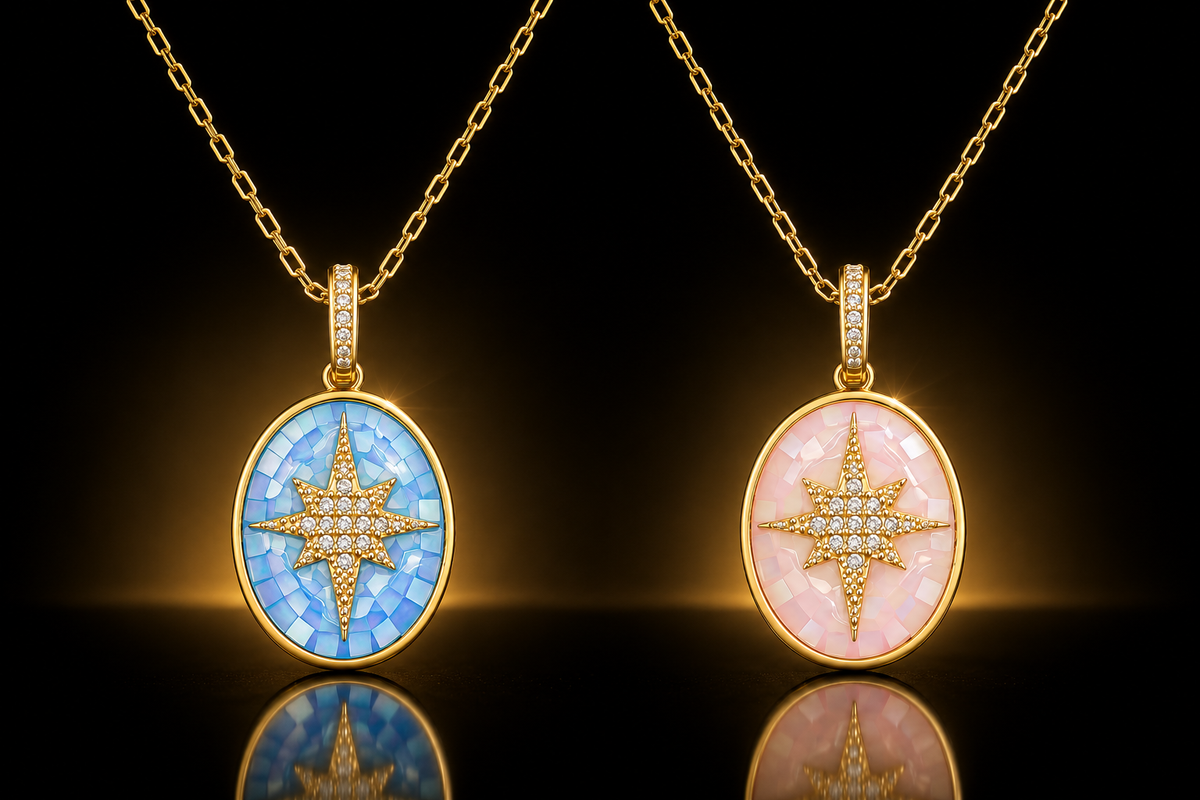 18K Yellow Gold Finished Faceted Opal North Star Pendant, CZ Accented
