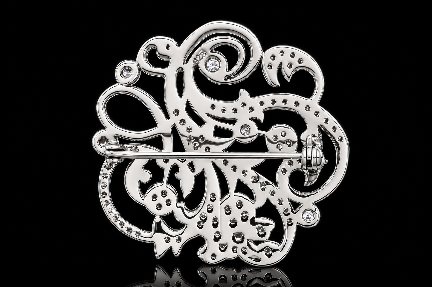 925 Triple Rhodium Finished Fine Italian Silver Vintage Style LG White Sapphire Brooch – 36.9 mm