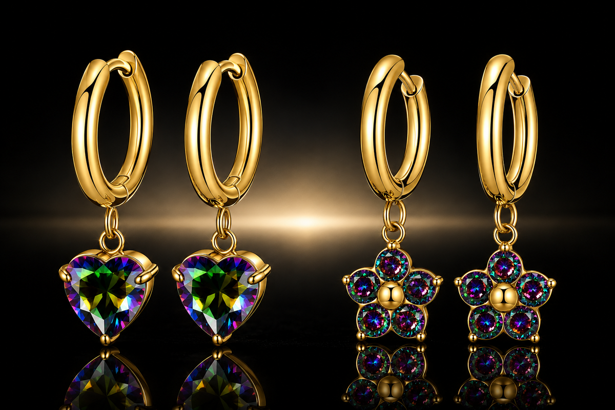 18kt Gold over Titanium Steel Mystic Topaz Drop Hoop Earrings &ndash; Hearts & Flowers