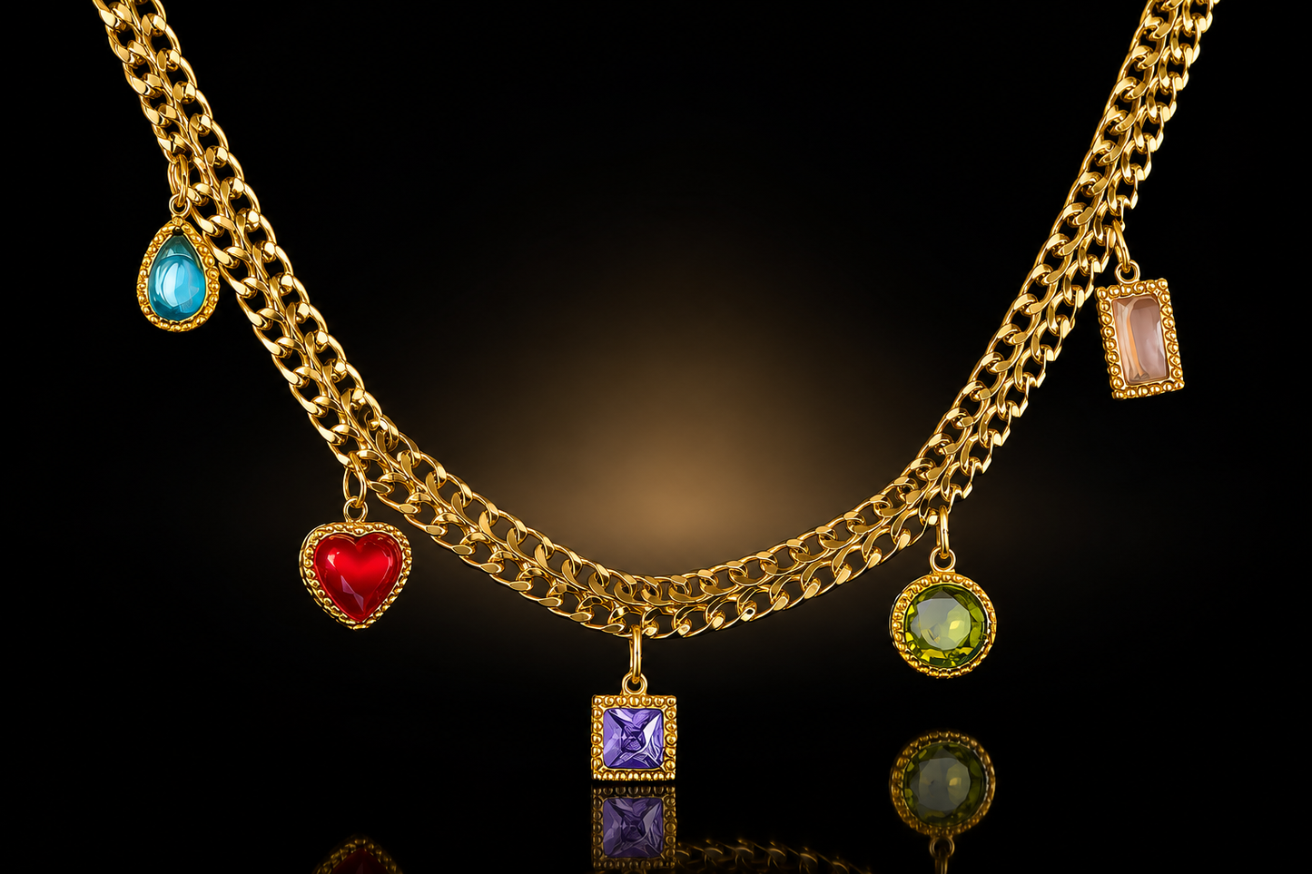 18kt Gold over Titanium Steel Multi-Shape Gemstone Charm Necklace, 16.5" Adjustable