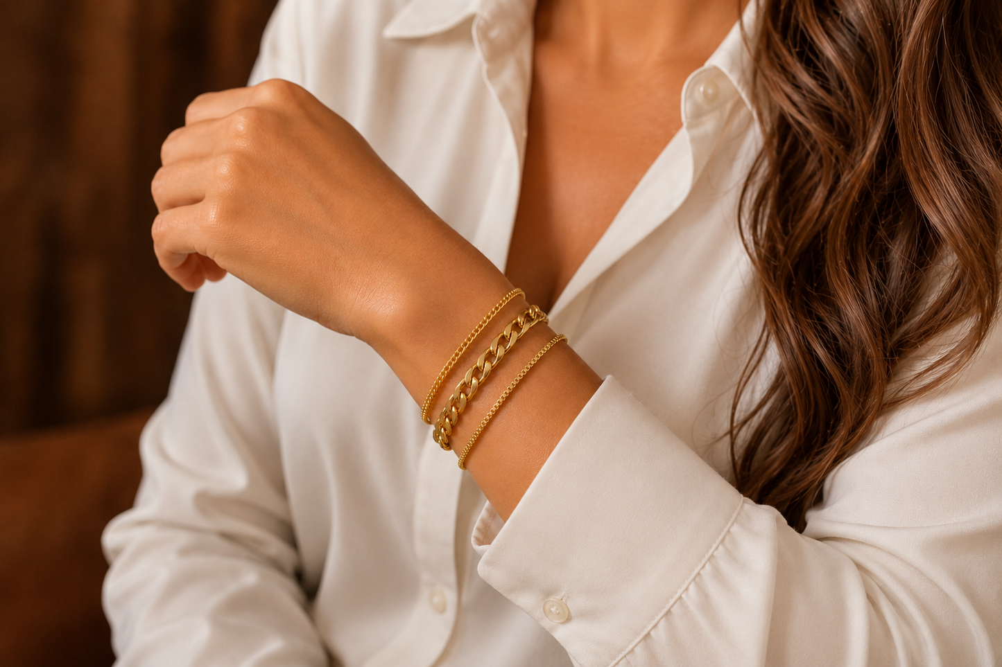 18 kt. Yellow Gold over Titanium  Stainless Steel Three  Bracelet Set 6.5" + 2" Inch
