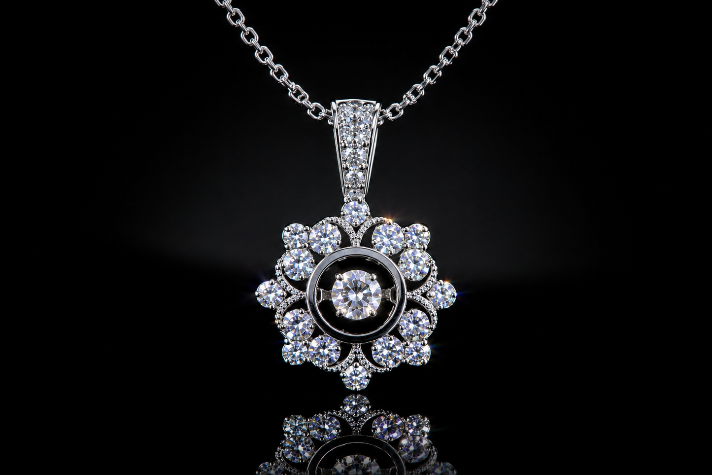 925 Platnium Bonded Sterling Silver Vintage Style Lab Created  “Dancing Diamond” Pendant