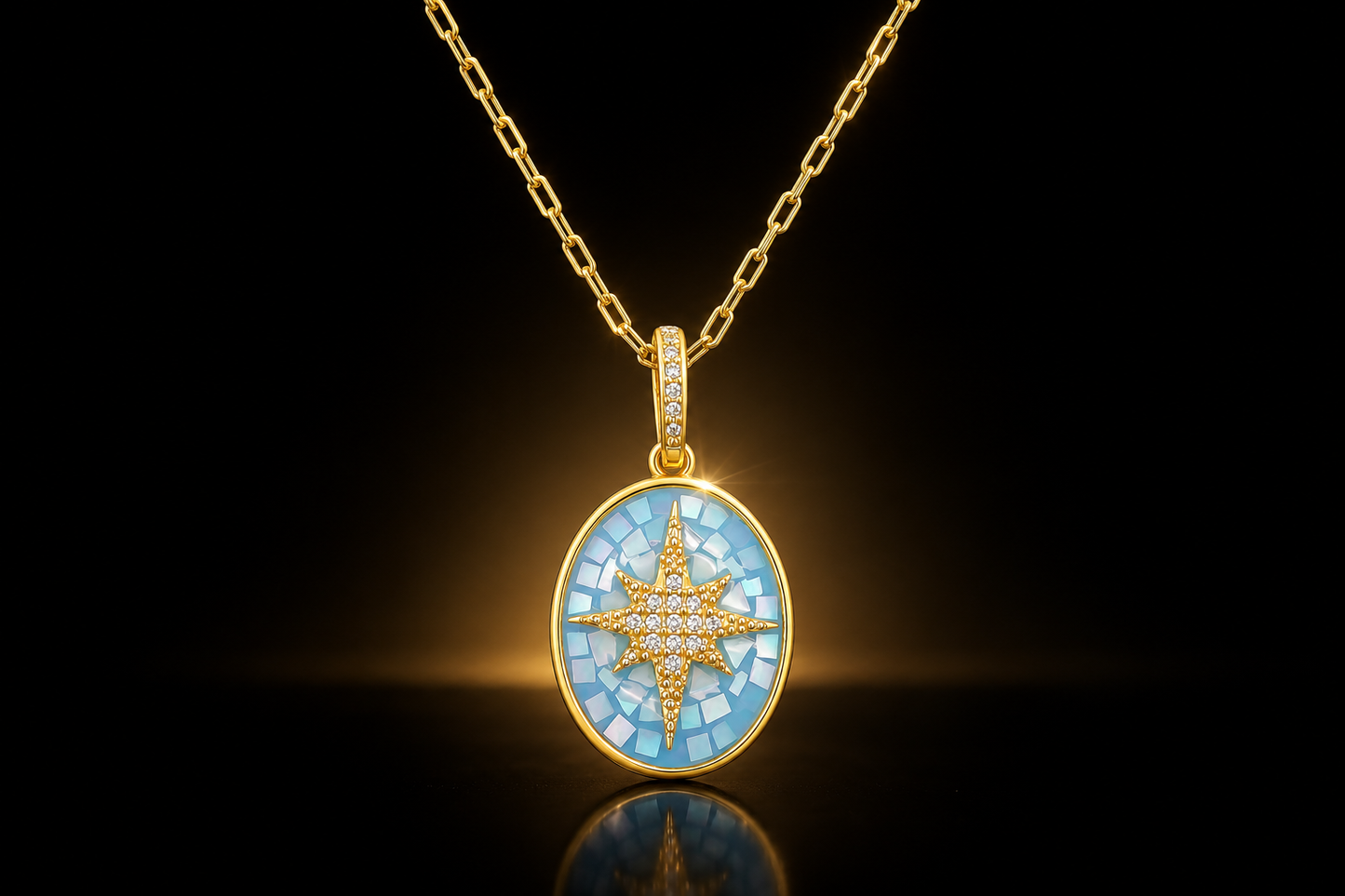 18K Yellow Gold Finished Faceted Opal North Star Pendant, CZ Accented