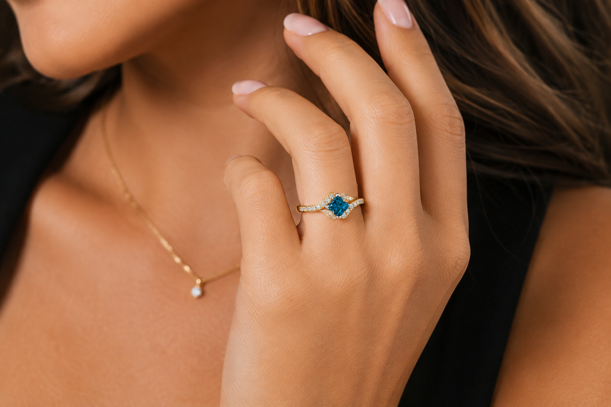 14K Yellow Gold 1.64 ctw Clover Cut Blue Diamond & White Diamond Ring by Aiya Designs