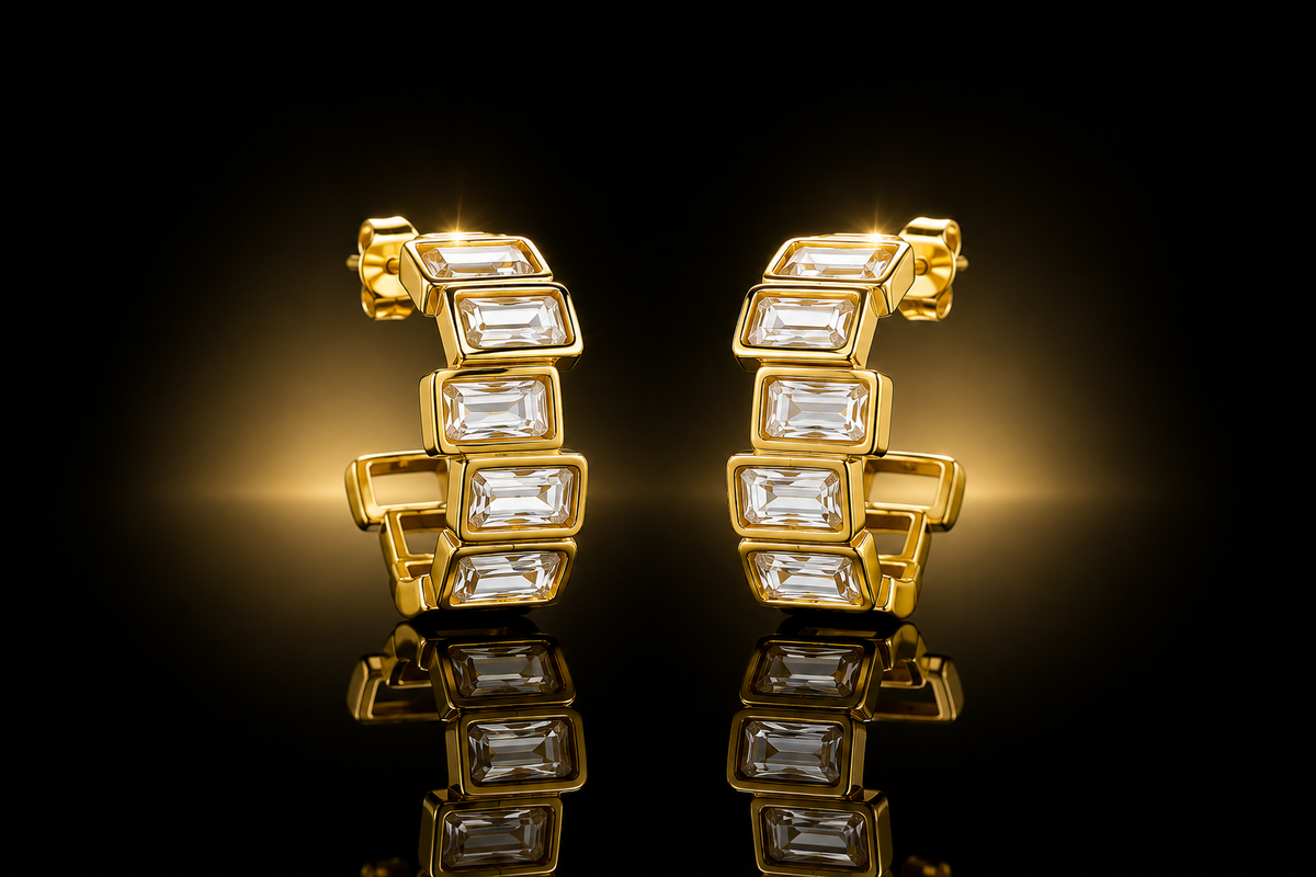14K Yellow Gold Finished Stainless Steel Zig Zag Baguette Hoop Earrings, 21mm