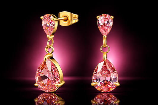 18K Yellow Gold over Titanium Stainless Steel Pink Ice Dangle Earrings, 22mm