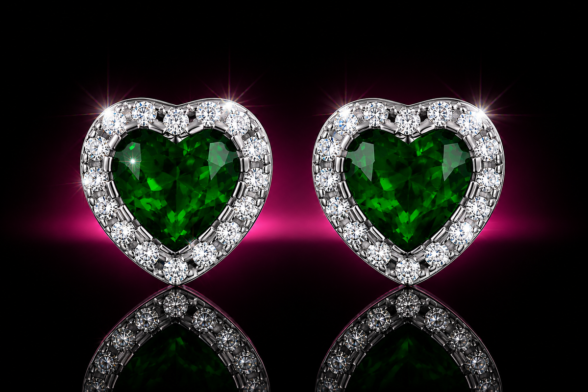 925 Sterling Silver Emerald & White Sapphire Halo Heart Stud Earrings, 7mm