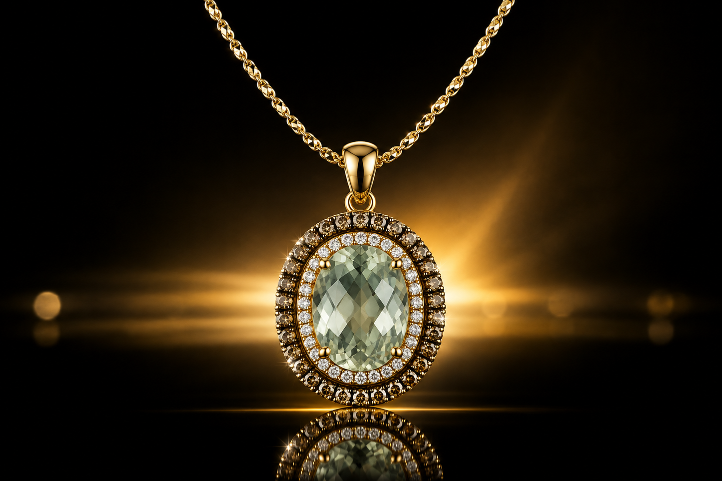 14K Yellow Gold 4.55 ctw Prasiolite Pendant with Double Chocolate & White Diamond Halo