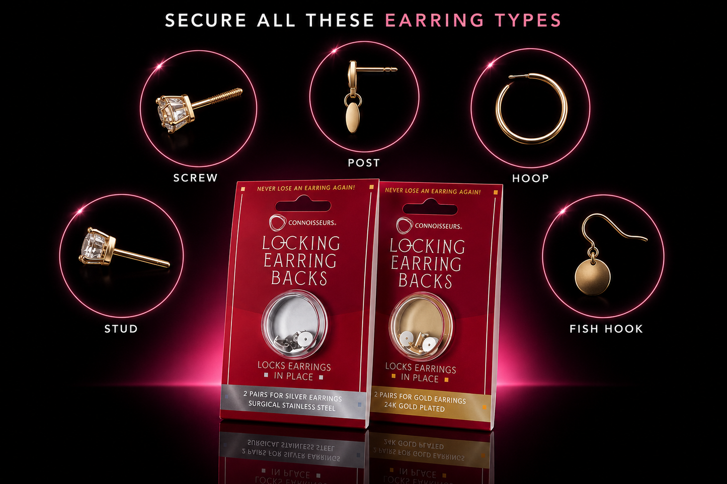 Hypoallergenic Stainless Steel Locking Earring Backs by Connoisseurs (2 Pair)