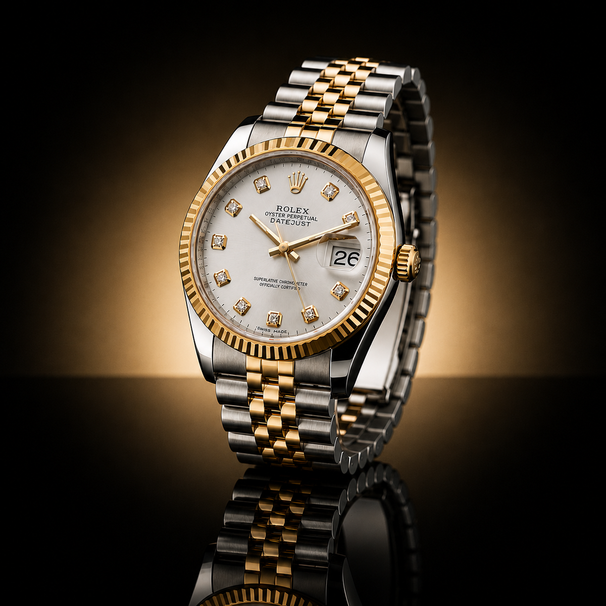 GENUINE CERTIFIED PRE-OWNED ROLEX 18 kt. Yellow Gold Stainless Steel Diamond Dial 36mm Datejust Jubilee Band