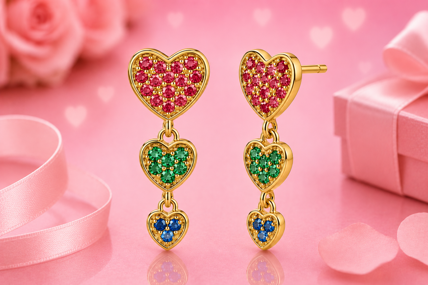 Sterling Silver Gold Finished Multicolor CZ Hearts Dangle Earrings