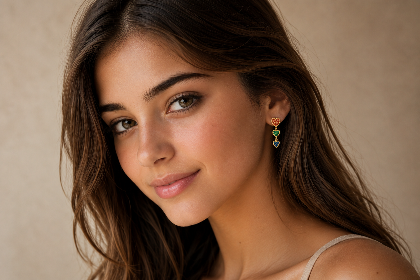 Sterling Silver Gold Finished Multicolor CZ Hearts Dangle Earrings