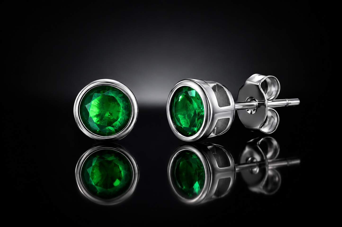 925 Sterling Silver 6mm Round Bezel Set LG Emerald Studs