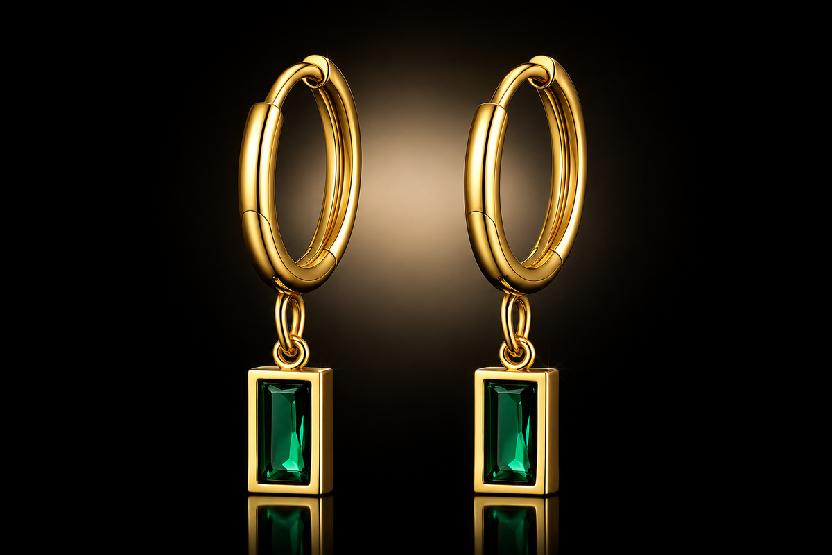 18kt Gold over Titanium Steel 15mm Hoops with Emerald Baguette Dangle