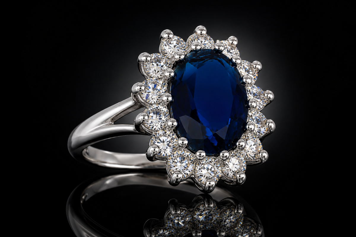 925 Triple Rhodium Finished Sterling Silver LG Blue & White Sapphire Ring