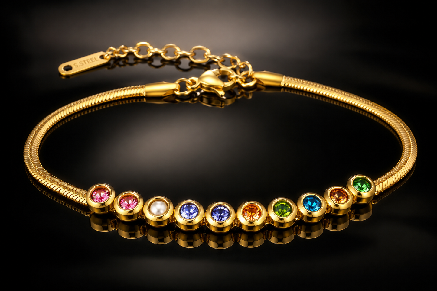 18kt Gold over Titanium Steel Multi-Colored Gemstone & Pearl Station Bracelet