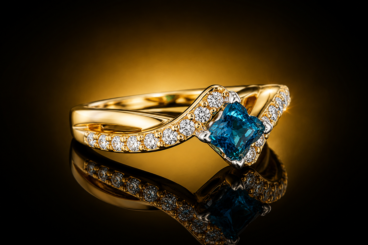 14K Yellow Gold 1.64 ctw Clover Cut Blue Diamond & White Diamond Ring by Aiya Designs