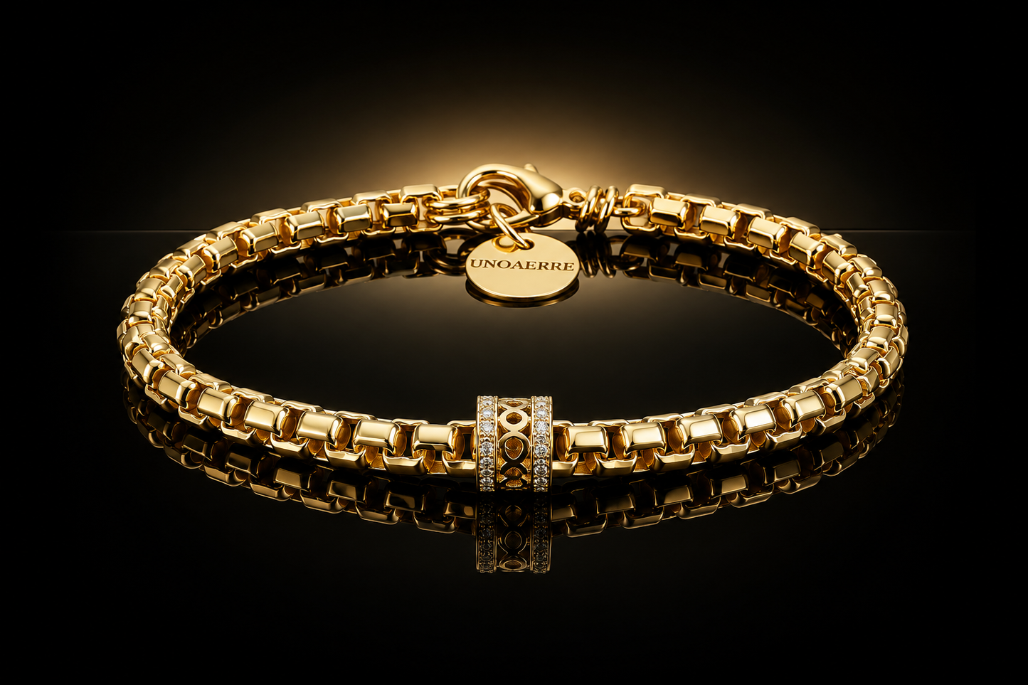 24 kt. Bonded UNOARRE Bracelet with LG Diamond Accented Rondelle – 8.25 Inches