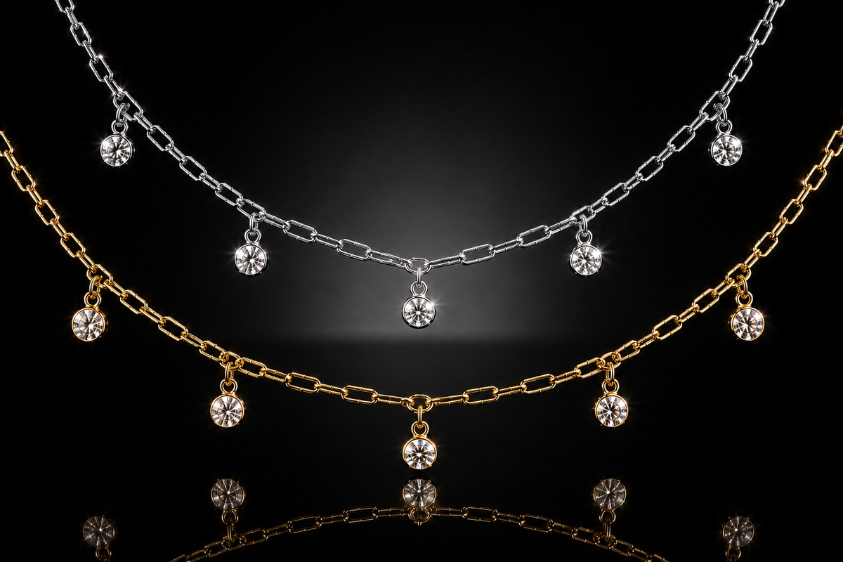 14k/925 Sterling Silver 5 Stone Bezel Set LG White Sapphire Paperclip Station Necklace – 18"